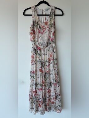 Lara G Floral White Midi Dress with Pink & Green Prints